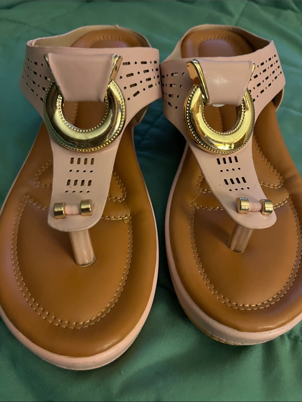Women's Blush T-Strap Sandals with Gold Ring Detail